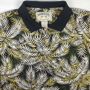 Bamboo Cay Beige Black Leaf Print Tropical Mens Medium Short Sleeve Polo Shirt